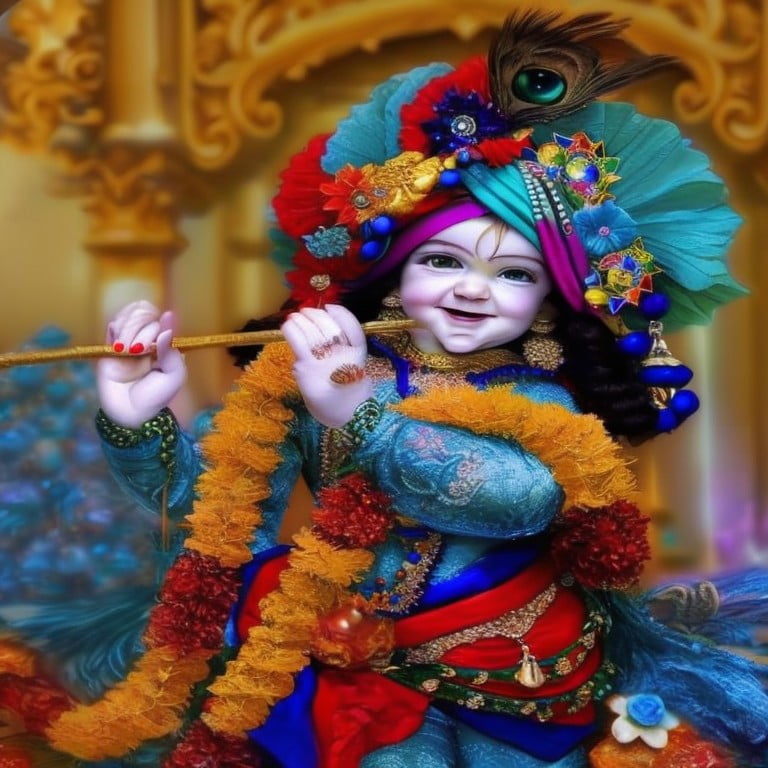 Radhe Krishna image with flute in hand and smiling face