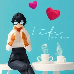 A Lady with a cup of coffee with paper art heart images.