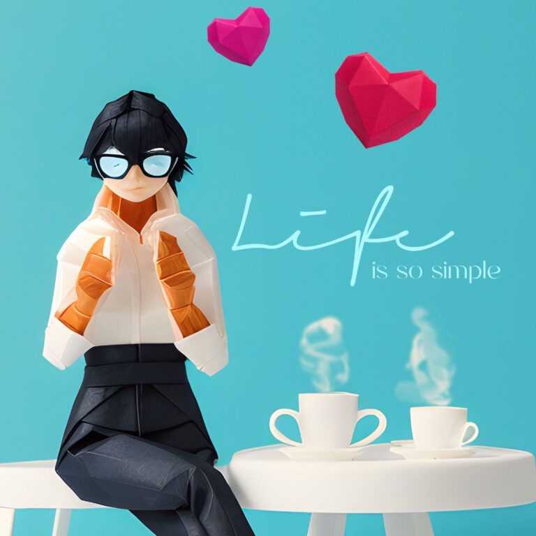 A Lady with a cup of coffee with paper art heart images.