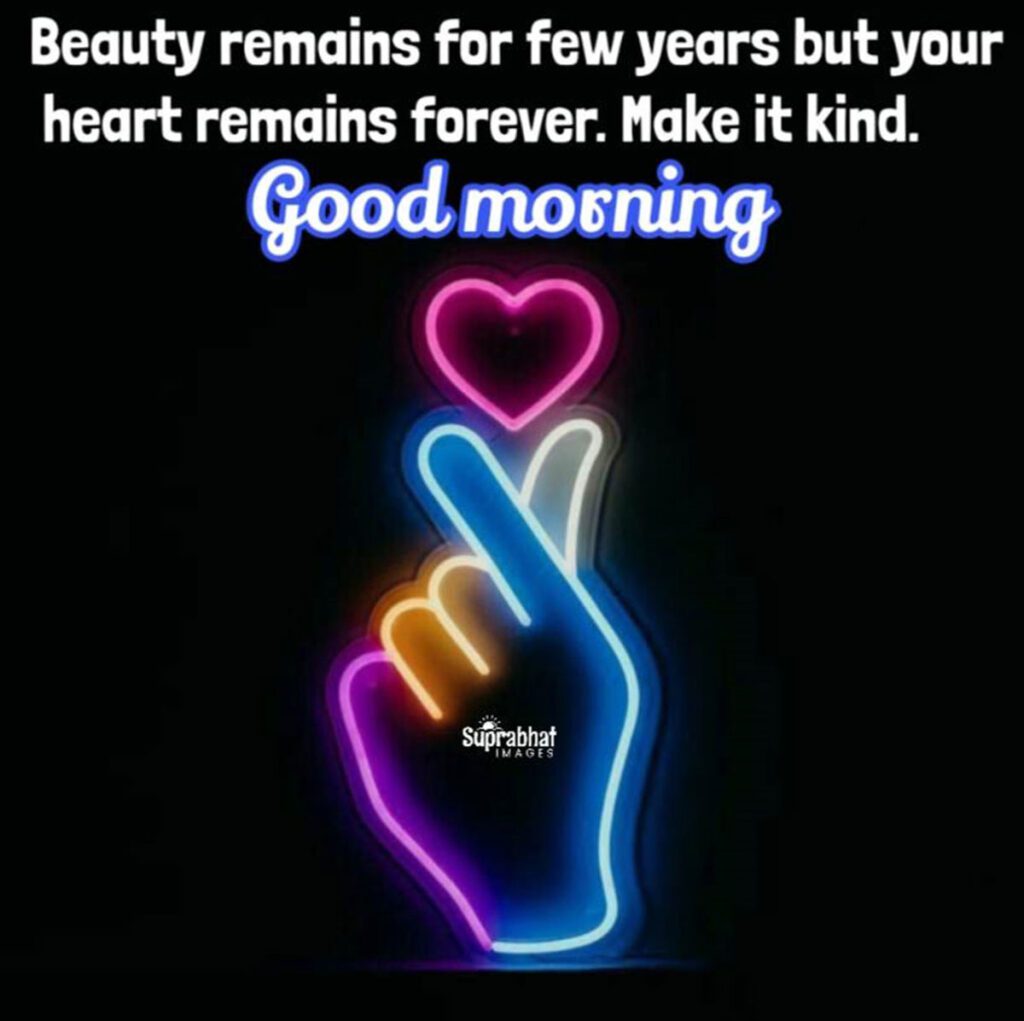 Neon Light, Hand with Love and "Good Morning" message on a pastel background.