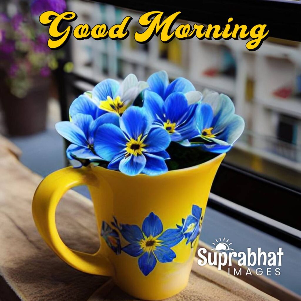 Yellow cup, blue Flower, Good Morning Image